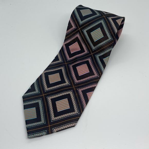 Roberto Villini Black Teal Orange Geometric Pure Silk Career Office Necktie NWOT - Picture 6 of 6